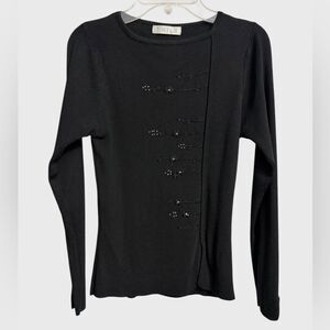 Women's Rib Knit Beaded Embroidered Top Size XS/S Black Feminine Romantic Y2K